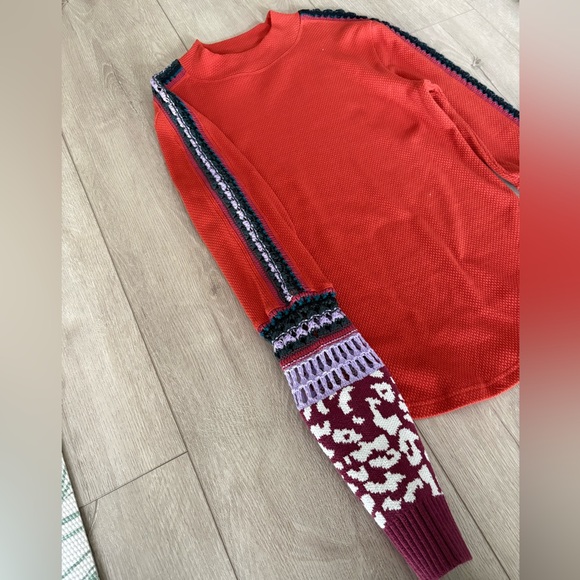 Free People Switch It Up Burnt Orange Thermal Sweater Top Crochet Sleeves - Picture 2 of 7